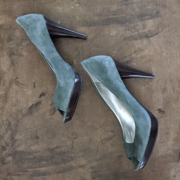 Style & co. Peep Toe Leather Suede Green Pumps With Wooden Heel - Picture 4 of 11